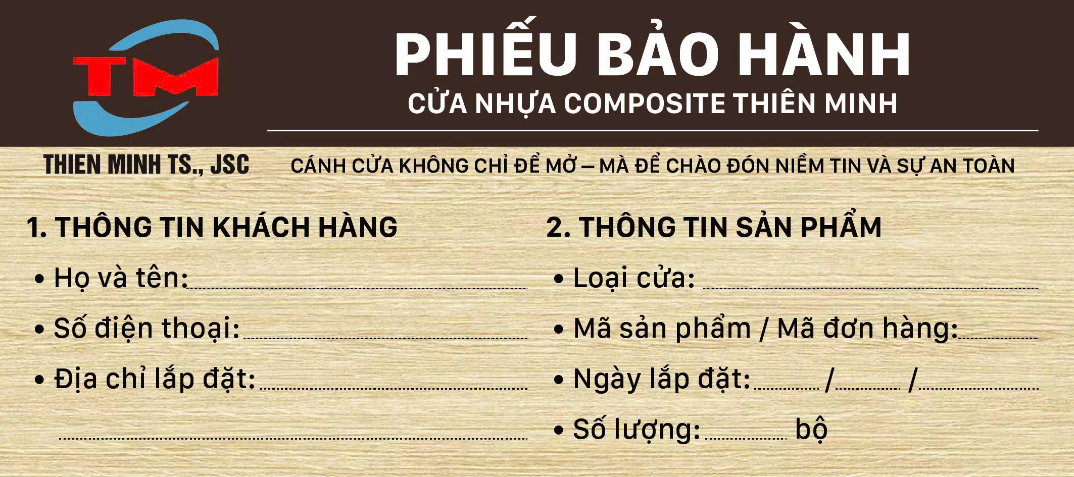 Mặt trước phiếu bảo hành Thiên Minh