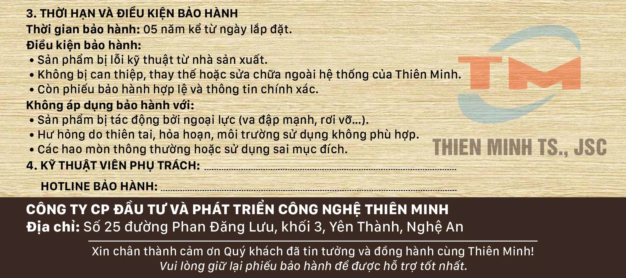 Mặt sau phiếu bảo hành Thiên Minh